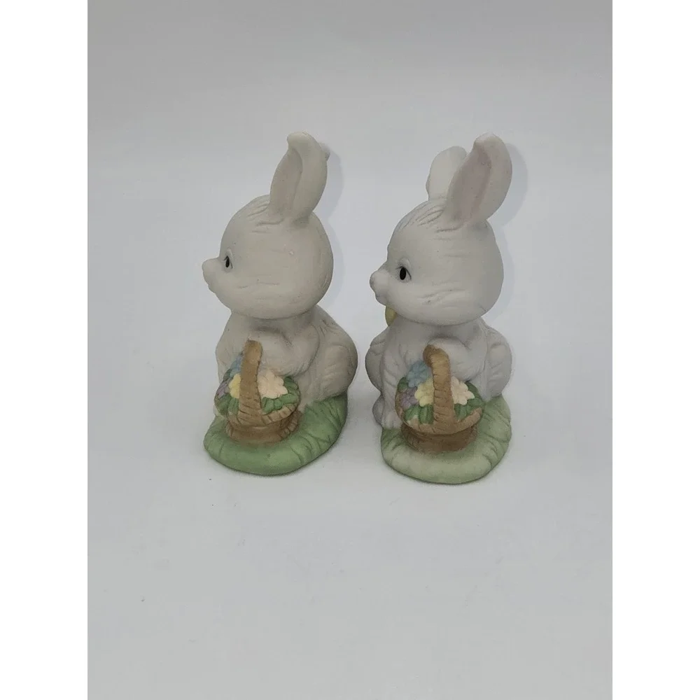 Vintage White Bunny Rabbit Figurines Set of 2 Easter Bisque Ceramic Spring Decor